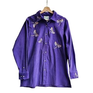 NWT Quacker Factory Vintage Dragonfly Shirt With Button Covers, Purple, Size Med